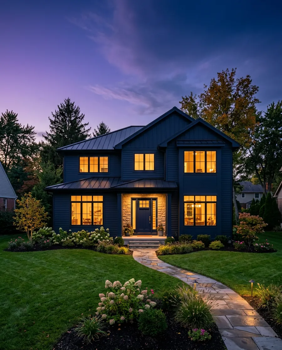 A navy-blue family home glowing at dusk