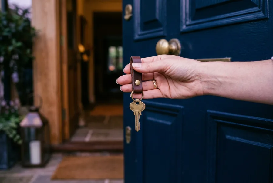 A hand holding a brass house key in an open doorway